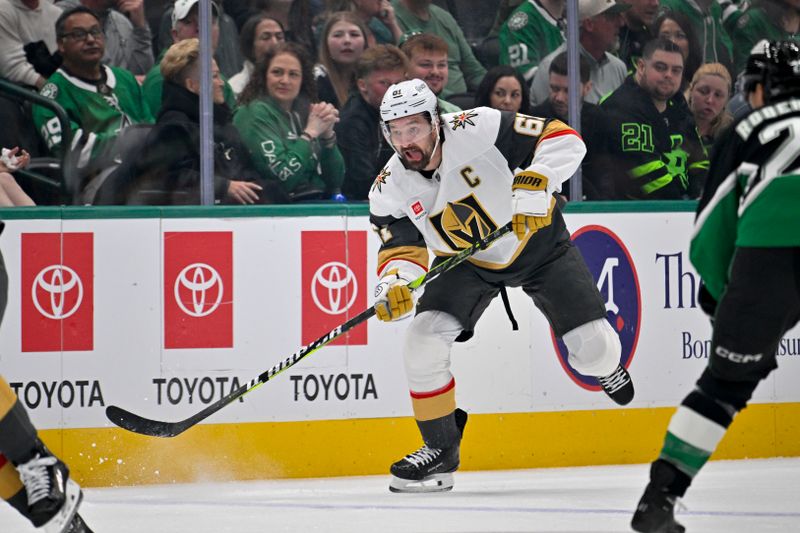Mar 22, 2026; Dallas, Texas, USA; Vegas Golden Knights right wing Mark Stone (61) dumps the puck in the Dallas Stars zone during the first period at the American Airlines Center. Mandatory Credit: Jerome Miron-Imagn Images Mar 22, 2026; Dallas, Texas, USA; Vegas Golden Knights right wing Mark Stone (61) dumps the puck in the Dallas Stars zone during the first period at the American Airlines Center. Mandatory Credit: Jerome Miron-Imagn Images