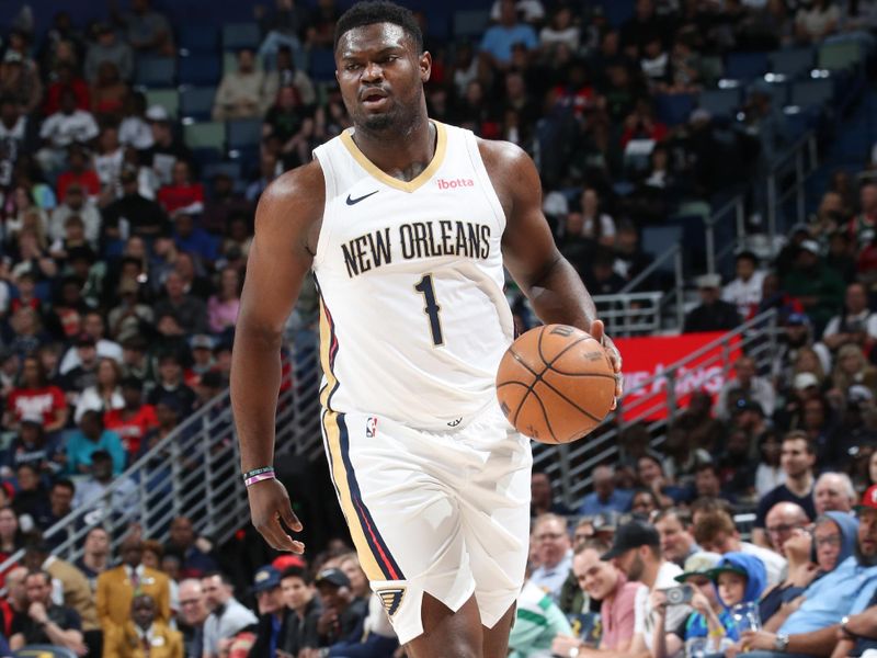 NEW ORLEANS, LA - MARCH 28: Zion Williamson #1 of the New Orleans Pelicans handles the ball during the game  on March 28, 2024 at the Smoothie King Center in New Orleans, Louisiana. NOTE TO USER: User expressly acknowledges and agrees that, by downloading and or using this Photograph, user is consenting to the terms and conditions of the Getty Images License Agreement. Mandatory Copyright Notice: Copyright 2024 NBAE (Photo by Layne Murdoch Jr./NBAE via Getty Images)