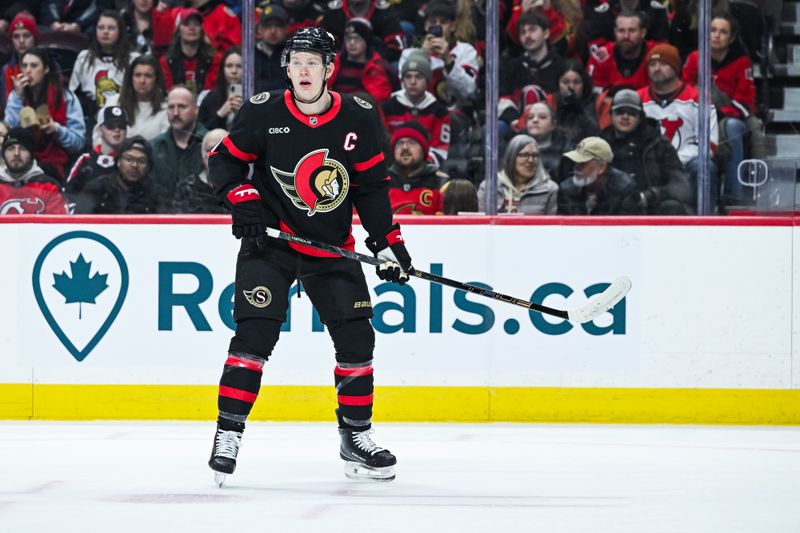 Jan 31, 2026; Ottawa, Ontario, CAN; Ottawa Senators left wing Brady Tkachuk (7) tracks the play against the New Jersey Devils during the first period at Canadian Tire Centre. Mandatory Credit: David Kirouac-Imagn Images