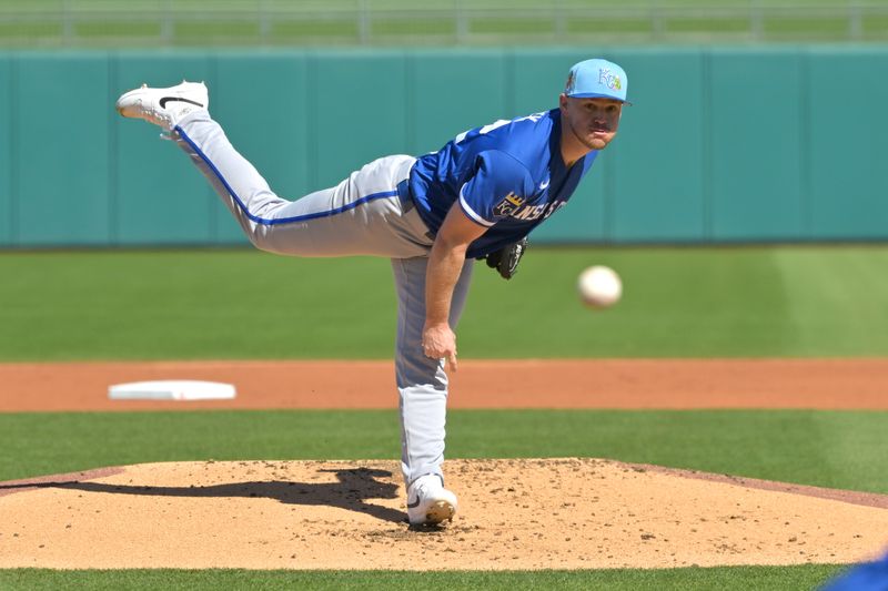 Feb 20, 2026; Surprise, Arizona, USA;  Kansas City Royals pitcher Stephen Kolek (32) delivers to the plate in the first inning against the Texas Rangers at Surprise Stadium. Mandatory Credit: Jayne Kamin-Oncea-Imagn Images