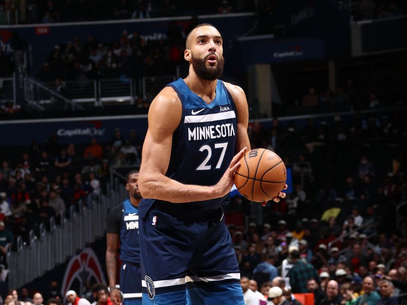 WASHINGTON, DC -?January  24: Rudy Gobert #27 of the Minnesota Timberwolves prepares to shoot a free throw during the game against the Washington Wizards on January 24, 2024 at Capital One Arena in Washington, DC. NOTE TO USER: User expressly acknowledges and agrees that, by downloading and or using this Photograph, user is consenting to the terms and conditions of the Getty Images License Agreement. Mandatory Copyright Notice: Copyright 2024 NBAE (Photo by Kenny Giarla/NBAE via Getty Images)