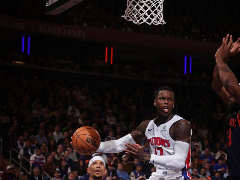 NEW YORK, NY - APRIL 21:  Dennis Schroder #17 of the Detroit Pistons looks to pass the ball during the game against the New York Knicks during Round 1 Game 2 of the 2025 NBA Playoffs on April 21, 2025 at Madison Square Garden in New York City, New York.  NOTE TO USER: User expressly acknowledges and agrees that, by downloading and or using this photograph, User is consenting to the terms and conditions of the Getty Images License Agreement. Mandatory Copyright Notice: Copyright 2025 NBAE  (Photo by Nathaniel S. Butler/NBAE via Getty Images)