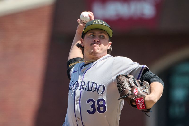 May 19, 2024; San Francisco, California, USA; Colorado Rockies pitcher Victor Vodnik (38) throws a pitch against the San Francisco Giants during the fifth inning at Oracle Park. Mandatory Credit: Robert Edwards-USA TODAY Sports