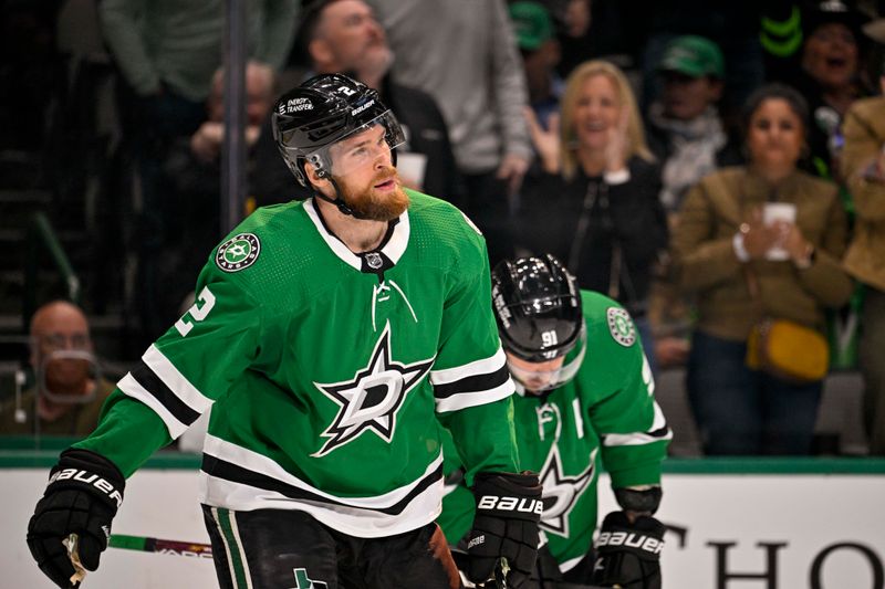 Oct 17, 2022; Dallas, Texas, USA; Dallas Stars defenseman Jani Hakanpaa (2) skates off the ice after scoring against the Winnipeg Jets during the second period at the American Airlines Center. Mandatory Credit: Jerome Miron-USA TODAY Sports