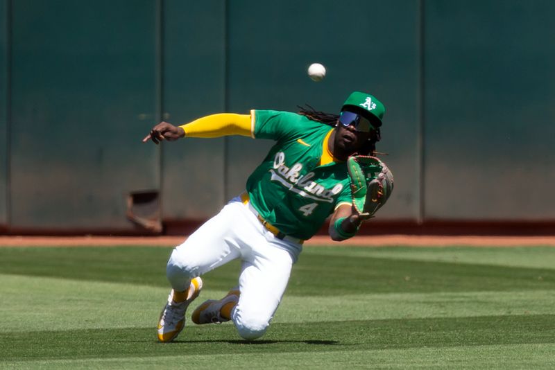 Aug 7, 2024; Oakland, California, USA; Oakland Athletics right fielder Lawrence Butler (4) makes a sliding catch of a ball hit by Chicago White Sox left fielder Andrew Benintendi (not pictured) during the ninth inning at Oakland-Alameda County Coliseum. Mandatory Credit: D. Ross Cameron-USA TODAY Sports