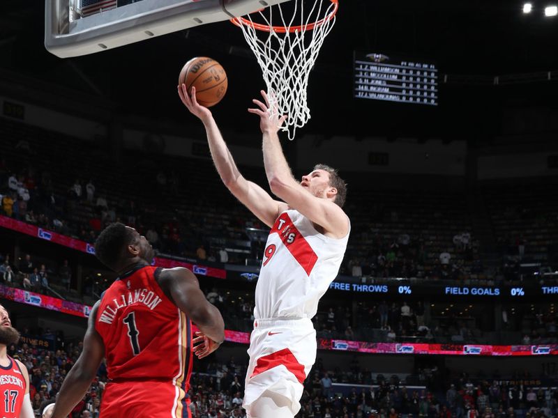 NEW ORLEANS, LA - FEBRUARY 5: Jakob Poeltl #19 of the Toronto Raptors shoots the ball during the game against the New Orleans Pelicans on February 5, 2024 at the Smoothie King Center in New Orleans, Louisiana. NOTE TO USER: User expressly acknowledges and agrees that, by downloading and or using this Photograph, user is consenting to the terms and conditions of the Getty Images License Agreement. Mandatory Copyright Notice: Copyright 2024 NBAE (Photo by Layne Murdoch Jr./NBAE via Getty Images)