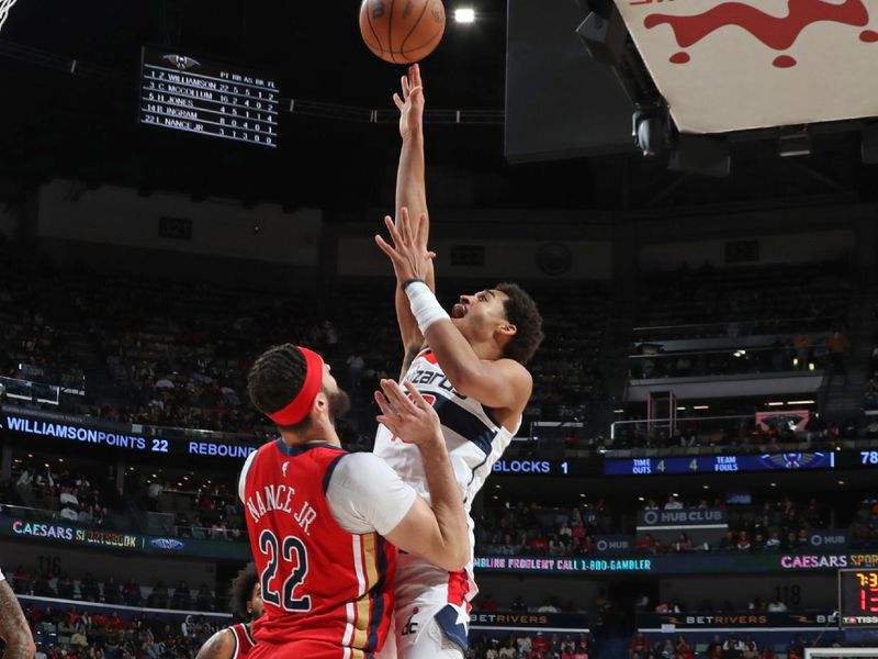 NEW ORLEANS, LA - FEBRUARY 14: Jordan Poole #13 of the Washington Wizards shoots the ball during the game against the New Orleans Pelicans on February 14, 2024 at the Smoothie King Center in New Orleans, Louisiana. NOTE TO USER: User expressly acknowledges and agrees that, by downloading and or using this Photograph, user is consenting to the terms and conditions of the Getty Images License Agreement. Mandatory Copyright Notice: Copyright 2024 NBAE (Photo by Layne Murdoch Jr./NBAE via Getty Images)