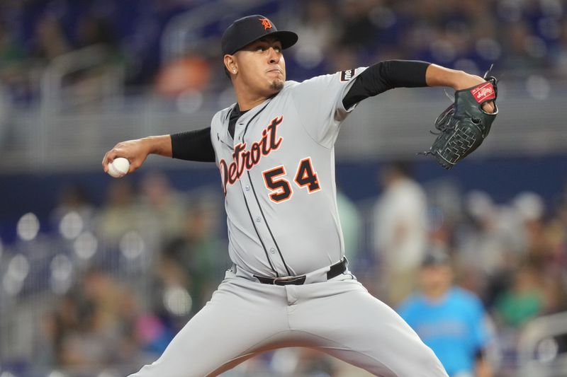 Sep 14, 2025; Miami, Florida, USA;  Detroit Tigers starting pitcher Keider Montero (54) pitches in the first inning against the Miami Marlins at loanDepot Park. Mandatory Credit: Jim Rassol-Imagn Images