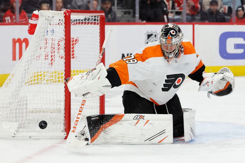 Jan 21, 2023; Detroit, Michigan, USA;  Philadelphia Flyers goaltender Carter Hart (79) makes the save in the second period against the Detroit Red Wings at Little Caesars Arena. Mandatory Credit: Rick Osentoski-USA TODAY Sports