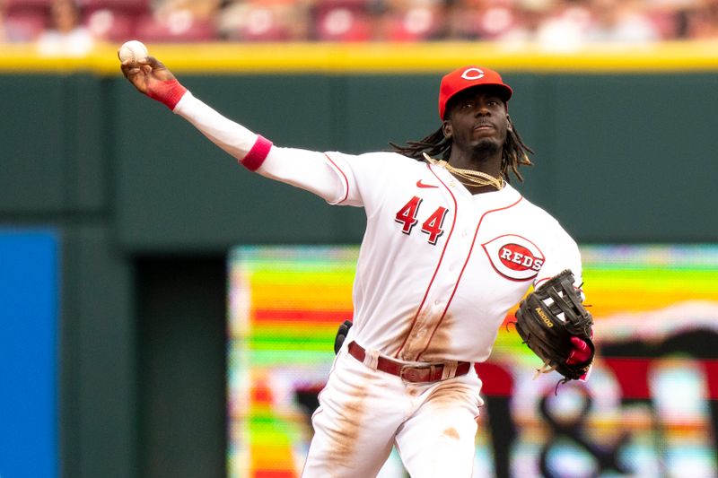 Aug 9, 2023; Cincinnati, OH, USA; Cincinnati Reds shortstop Elly De La Cruz (44) throws out Miami Marlins designated hitter Jorge Soler (12) in the third inning of the MLB baseball game between Cincinnati Reds and Miami Marlins at Great American Ball Park in Cincinnati on Wednesday, Aug. 9, 2023.  Mandatory Credit: Albert Cesare-USA TODAY Sports