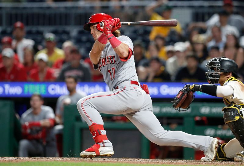 Aug 13, 2023; Pittsburgh, PA, USA; Cincinnati Reds left fielder Stuart Fairchild (17) hits against the Pittsburgh Pirates during the tenth inning at PNC Park. The Reds won 6-5 in ten innings. Mandatory Credit: Charles LeClaire-USA TODAY Sports