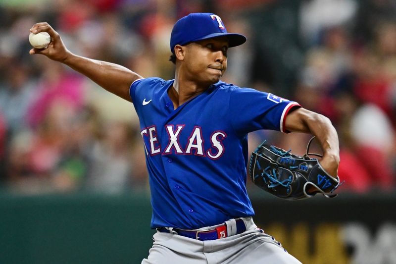 Sep 16, 2023; Cleveland, Ohio, USA; Texas Rangers relief pitcher Jose Leclerc (25) throws a pitch during the eighth inning against the Cleveland Guardians at Progressive Field. Mandatory Credit: Ken Blaze-USA TODAY Sports