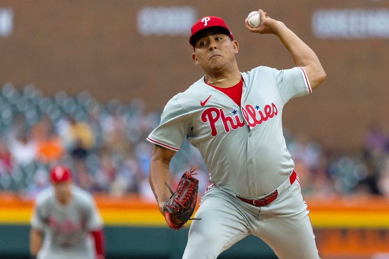 Jun 25, 2024; Detroit, Michigan, USA; Philadelphia Phillies starting pitcher Ranger Suarez (55) pitches in the first inning against the Detroit Tigers at Comerica Park. Mandatory Credit: David Reginek-USA TODAY Sports