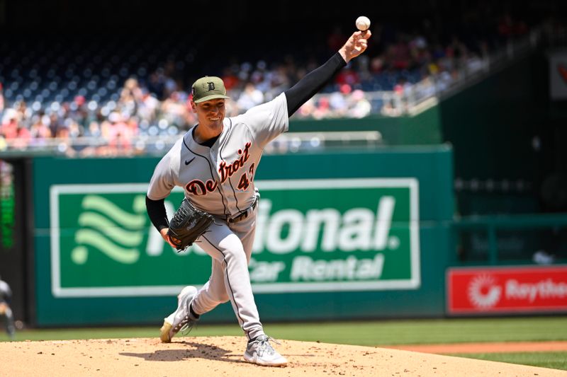 May 21, 2023; Washington, District of Columbia, USA; Detroit Tigers starting pitcher Joey Wentz (43) throws to the Washington Nationals during the first inning at Nationals Park. Mandatory Credit: Brad Mills-USA TODAY Sports