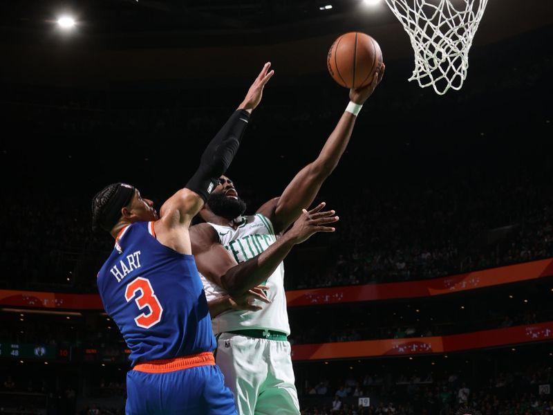 BOSTON, MA - MAY 5: Jaylen Brown #7 of the Boston Celtics drives to the basket during the game against the New York Knicks  during Game 1 of the 2025 NBA Eastern Conference Semifinals of the 2025 NBA Playoffs on May 5, 2025 at TD Garden in Boston, Massachusetts. NOTE TO USER: User expressly acknowledges and agrees that, by downloading and/or using this Photograph, user is consenting to the terms and conditions of the Getty Images License Agreement. Mandatory Copyright Notice: Copyright 2025 NBAE (Photo by Nathaniel S. ButlerNBAE via Getty Images)