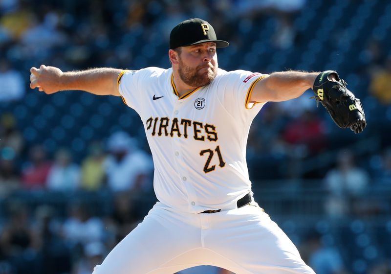 Sep 15, 2024; Pittsburgh, Pennsylvania, USA;  Pittsburgh Pirates relief pitcher David Bednar (51) pitches against the Kansas City Royals during the eighth inning at PNC Park. Mandatory Credit: Charles LeClaire-Imagn Images