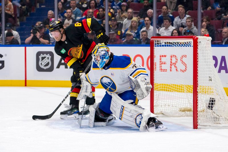 Mar 19, 2024; Vancouver, British Columbia, CAN; Vancouver Canucks forward Brock Boeser (6) redirects a shot on Buffalo Sabres goalie Devon Levi (27) in the first period at Rogers Arena. Mandatory Credit: Bob Frid-USA TODAY Sports