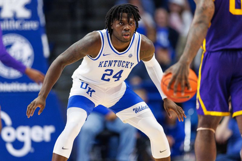 Jan 3, 2023; Lexington, Kentucky, USA; Kentucky Wildcats forward Chris Livingston (24) gets set on defense during the second half against the LSU Tigers at Rupp Arena at Central Bank Center. Mandatory Credit: Jordan Prather-USA TODAY Sports