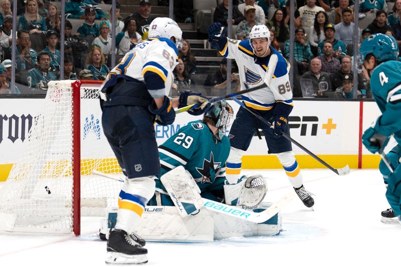 Oct 10, 2024; San Jose, California, USA;  St. Louis Blues left wing Pavel Buchnevich (89) reacts after tying the game during the third period against the San Jose Sharks at SAP Center at San Jose. Mandatory Credit: Stan Szeto-Imagn Images