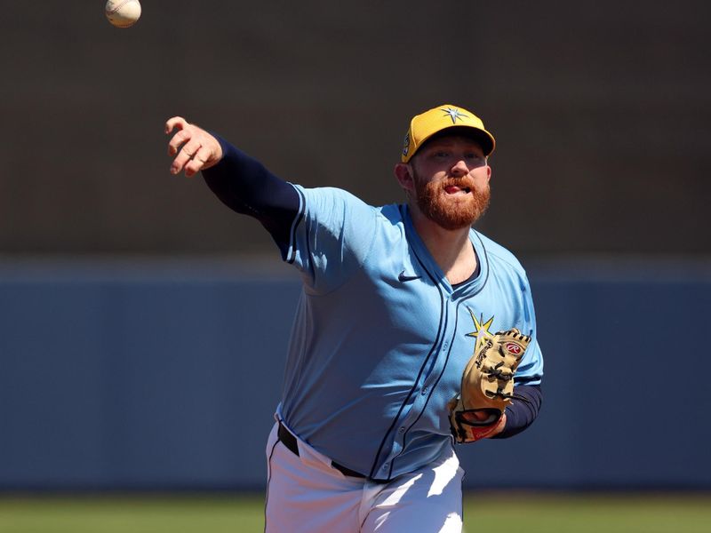 Feb 27, 2024; Port Charlotte, Florida, USA;  Tampa Bay Rays starting pitcher Zack Littell (52) throws a pitch during the first inning against the New York Yankees at Charlotte Sports Park. Mandatory Credit: Kim Klement Neitzel-USA TODAY Sports