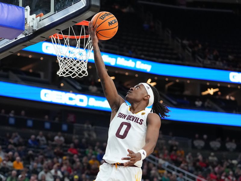 Mar 8, 2023; Las Vegas, NV, USA; Arizona State Sun Devils guard DJ Horne (0) shoots against the Oregon State Beavers during the first half at T-Mobile Arena. Mandatory Credit: Stephen R. Sylvanie-USA TODAY Sports