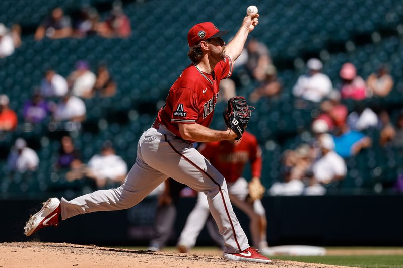 Aug 16, 2023; Denver, Colorado, USA; Arizona Diamondbacks relief pitcher Tyler Gilbert (49) pitches in the fifth inning against the Colorado Rockies at Coors Field. Mandatory Credit: Isaiah J. Downing-USA TODAY Sports