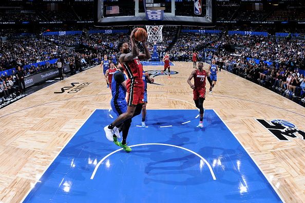 ORLANDO, FL - DECEMBER 20: Haywood Highsmith #24 of the Miami Heat drives to the basket during the game against the Orlando Magic on December 20, 2023 at the Kia Center in Orlando, Florida. NOTE TO USER: User expressly acknowledges and agrees that, by downloading and or using this photograph, User is consenting to the terms and conditions of the Getty Images License Agreement. Mandatory Copyright Notice: Copyright 2023 NBAE (Photo by Fernando Medina/NBAE via Getty Images)