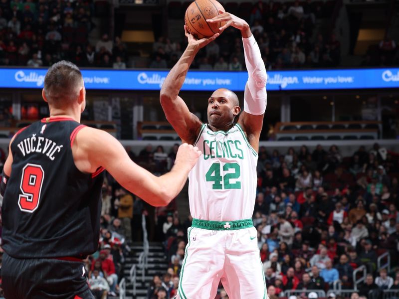 CHICAGO, IL - NOVEMBER 29: Al Horford #42 of the Boston Celtics shoots the ball during the game against the Chicago Bulls during the Emirates NBA Cup game on November 29, 2024 at United Center in Chicago, Illinois. NOTE TO USER: User expressly acknowledges and agrees that, by downloading and or using this photograph, User is consenting to the terms and conditions of the Getty Images License Agreement. Mandatory Copyright Notice: Copyright 2024 NBAE (Photo by Jeff Haynes/NBAE via Getty Images)