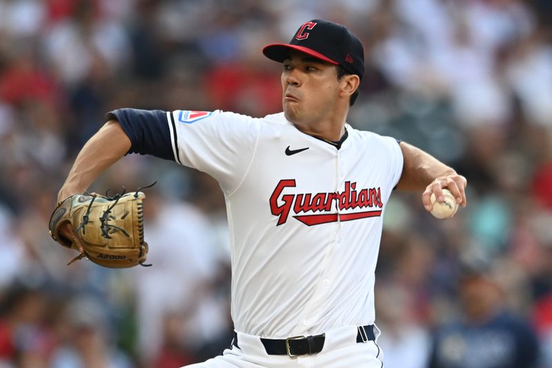 Sep 14, 2024; Cleveland, Ohio, USA; Cleveland Guardians starting pitcher Joey Cantillo (54) throws a pitch during the first inning against the Tampa Bay Rays at Progressive Field. Mandatory Credit: Ken Blaze-Imagn Images