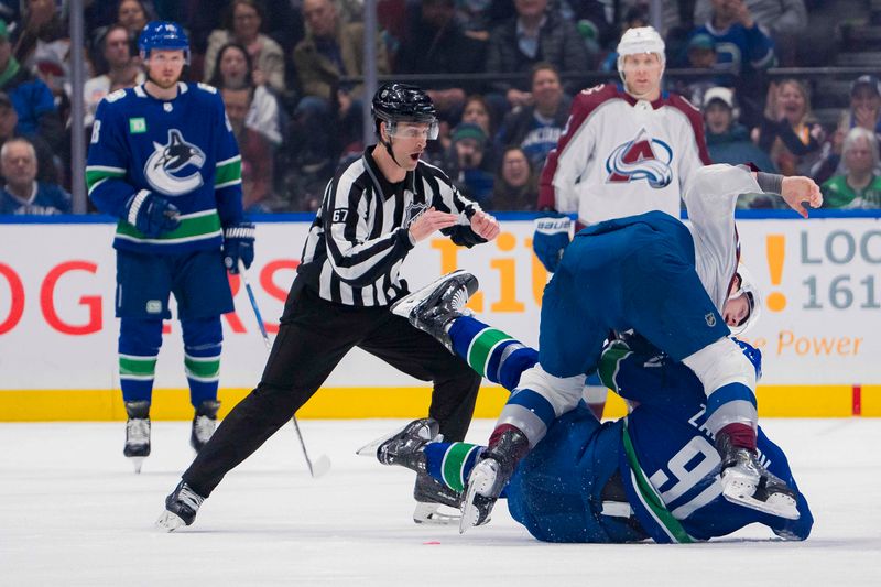 Mar 13, 2024; Vancouver, British Columbia, CAN; Colorado Avalanche defenseman Josh Manson (42) fights with Vancouver Canucks defenseman Nikita Zadorov (91) in the second period at Rogers Arena. Mandatory Credit: Bob Frid-USA TODAY Sports