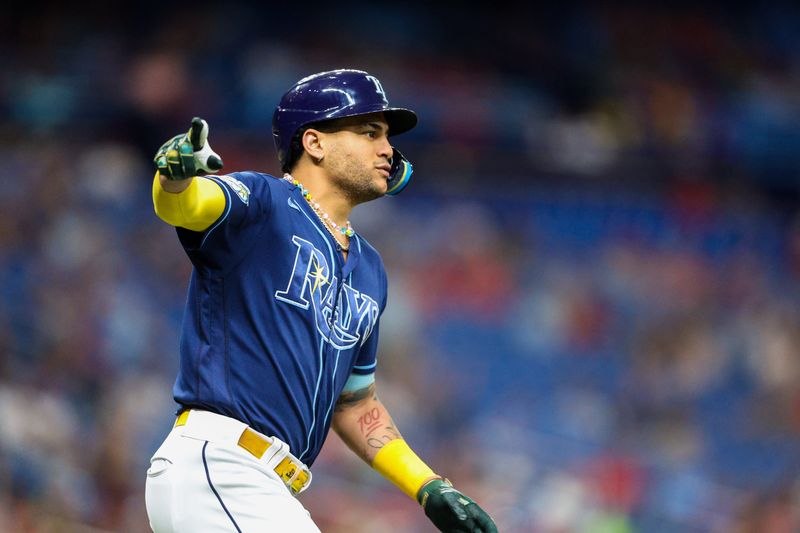 Aug 9, 2023; St. Petersburg, Florida, USA;  Tampa Bay Rays center fielder Jose Siri (22) runs the bases after hitting a solo home run against the St. Louis Cardinals in the fourth inning at Tropicana Field. Mandatory Credit: Nathan Ray Seebeck-USA TODAY Sports