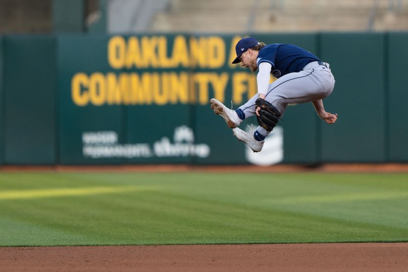 Jun 14, 2023; Oakland, California, USA;  Tampa Bay Rays third baseman Taylor Walls (6) leaps up in the air during the fourth inning against the Oakland Athletics at Oakland-Alameda County Coliseum. Mandatory Credit: Stan Szeto-USA TODAY Sports