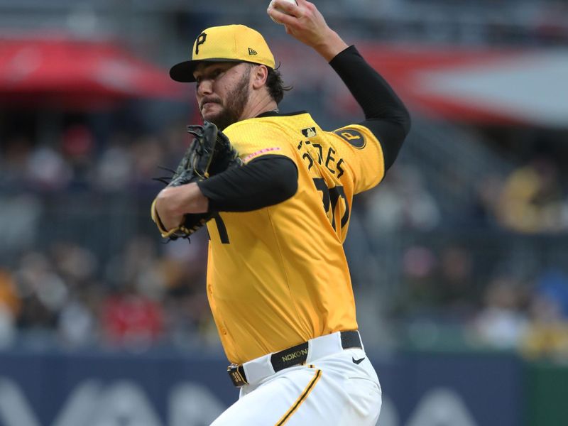 May 23, 2025; Pittsburgh, Pennsylvania, USA;  Pittsburgh Pirates starting pitcher Paul Skenes (30) delivers a pitch against the Milwaukee Brewers during the first inning at PNC Park. Mandatory Credit: Charles LeClaire-Imagn Images