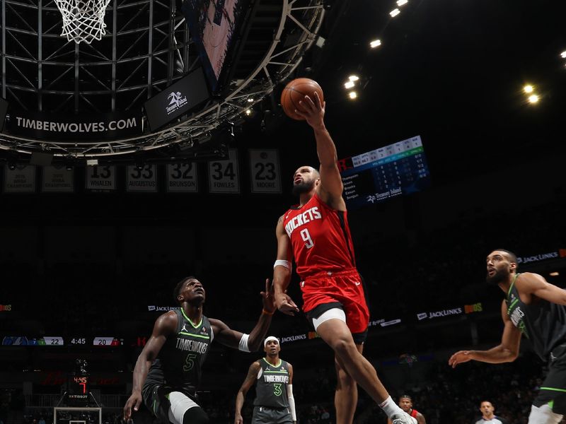 MINNEAPOLIS, MN -  FEBRUARY 6:  Dillon Brooks #9 of the Houston Rockets shoots the ball during the game against the Minnesota Timberwolves on February 6, 2025 at Target Center in Minneapolis, Minnesota. NOTE TO USER: User expressly acknowledges and agrees that, by downloading and or using this Photograph, user is consenting to the terms and conditions of the Getty Images License Agreement. Mandatory Copyright Notice: Copyright 2024 NBAE (Photo by Jordan Johnson/NBAE via Getty Images)