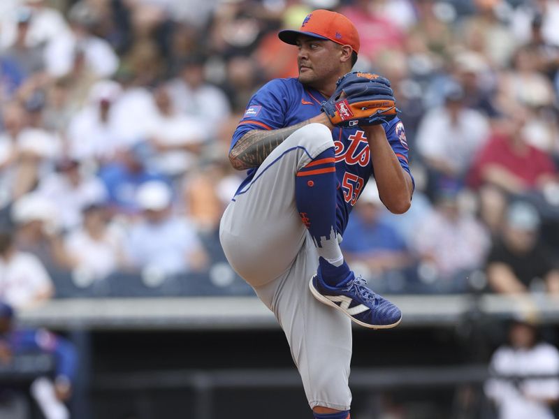 Mar 25, 2024; Tampa, Florida, USA;  New York Mets relief pitcher Sean Manaea (59) throws a pitch against the New York Yankees in the second inning at George M. Steinbrenner Field. Mandatory Credit: Nathan Ray Seebeck-USA TODAY Sports