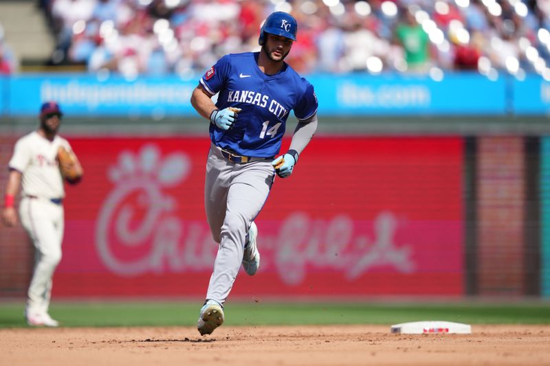 Sep 14, 2025; Philadelphia, Pennsylvania, USA; Kansas City Royals outfielder Jac Caglianone (14) rounds the bases after hitting a two-run home run against the Philadelphia Phillies in the fifth inning at Citizens Bank Park. Mandatory Credit: Kyle Ross-Imagn Images