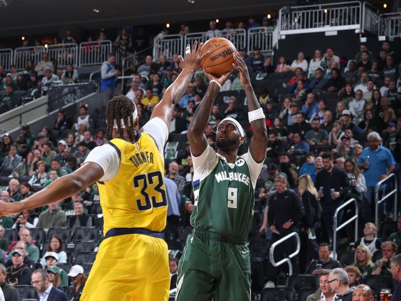 MILWAUKEE, WI - APRIL 21:  Bobby Portis #9 of the Milwaukee Bucks shoots the ball during the game  against the Indiana Pacers during Round 1 Game 1 of the 2024 NBA Playoffs  on April 21, 2024 at the Fiserv Forum Center in Milwaukee, Wisconsin. NOTE TO USER: User expressly acknowledges and agrees that, by downloading and or using this Photograph, user is consenting to the terms and conditions of the Getty Images License Agreement. Mandatory Copyright Notice: Copyright 2024 NBAE (Photo by Jeff Haynes/NBAE via Getty Images).