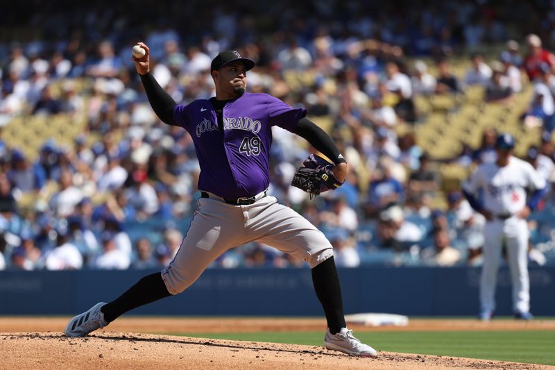 Sep 22, 2024; Los Angeles, California, USA;  Colorado Rockies starting pitcher Antonio Senzatela (49) pitches during the second inning against the Los Angeles Dodgers at Dodger Stadium. Mandatory Credit: Kiyoshi Mio-Imagn Images