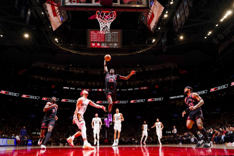 TORONTO, CANADA - FEBRUARY 23: Chris Boucher #25 of the Toronto Raptors dunks the ball against the New Orleans Pelicans on February 23, 2023 at the Scotiabank Arena in Toronto, Ontario, Canada.  NOTE TO USER: User expressly acknowledges and agrees that, by downloading and or using this Photograph, user is consenting to the terms and conditions of the Getty Images License Agreement.  Mandatory Copyright Notice: Copyright 2023 NBAE (Photo by Mark Blinch/NBAE via Getty Images)