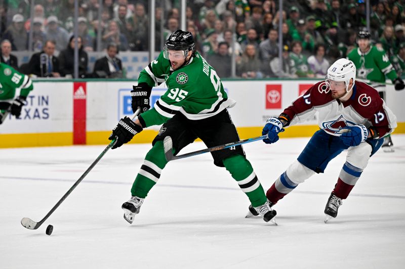 Jan 4, 2024; Dallas, Texas, USA; Dallas Stars center Matt Duchene (95) skates past Colorado Avalanche right wing Valeri Nichushkin (13) during the second period at the American Airlines Center. Mandatory Credit: Jerome Miron-USA TODAY Sports