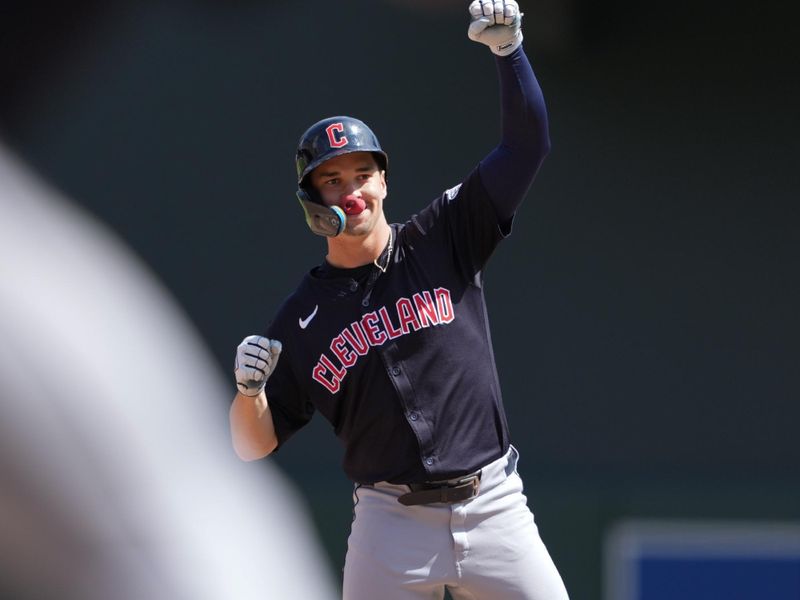 Aug 11, 2024; Minneapolis, Minnesota, USA; Cleveland Guardians right fielder Will Brennan (17) reacting after hitting an RBI double during the sixth inning against the Minnesota Twins at Target Field. Mandatory Credit: Jordan Johnson-USA TODAY Sports