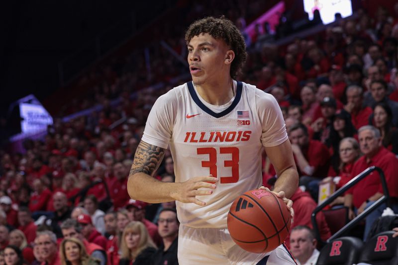 Dec 2, 2023; Piscataway, New Jersey, USA; Illinois Fighting Illini forward Coleman Hawkins (33) dribbles the ball against the Rutgers Scarlet Knights during the first half at Jersey Mike's Arena. Mandatory Credit: Vincent Carchietta-USA TODAY Sports