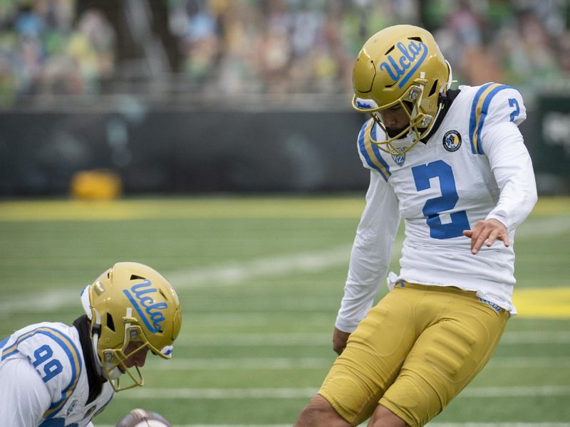 Nov 21, 2020; Eugene, Oregon, USA; UCLA Bruins place kicker Nicholas Barr-Mira (2) warms up before a game against the Oregon Ducks at Autzen Stadium. Mandatory Credit: Troy Wayrynen-USA TODAY Sports