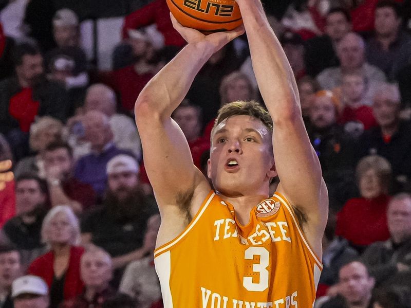 Jan 13, 2024; Athens, Georgia, USA; Tennessee Volunteers guard Dalton Knecht (3) shoots against the Georgia Bulldogs at Stegeman Coliseum. Mandatory Credit: Dale Zanine-USA TODAY Sports