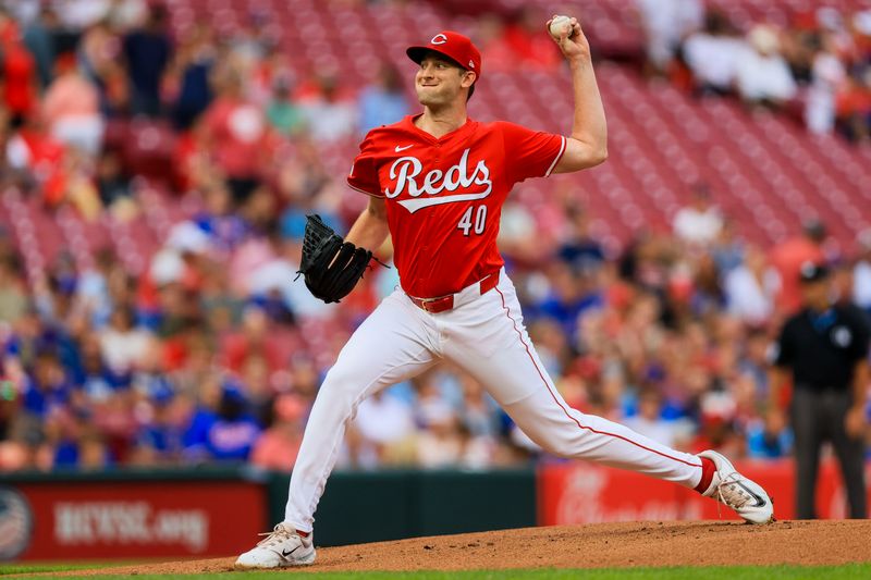 Jul 31, 2024; Cincinnati, Ohio, USA; Cincinnati Reds starting pitcher Nick Lodolo (40) pitches against the Chicago Cubs in the first inning at Great American Ball Park. Mandatory Credit: Katie Stratman-USA TODAY Sports