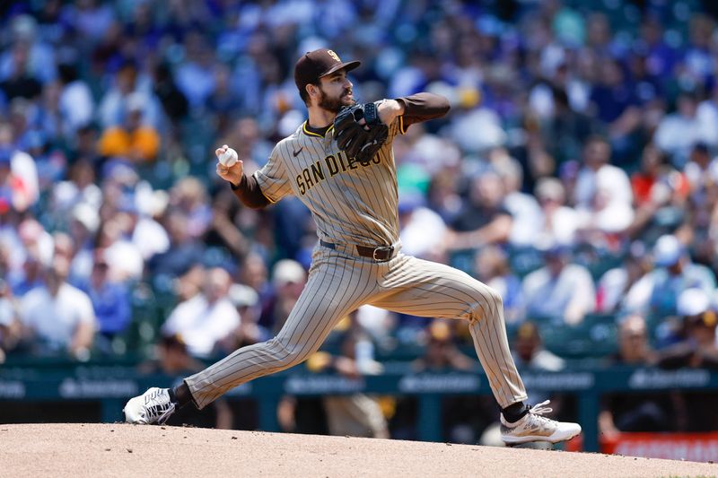 May 8, 2024; Chicago, Illinois, USA; San Diego Padres starting pitcher Dylan Cease (84) delivers a pitch against against the Chicago Cubs during the first inning at Wrigley Field. Mandatory Credit: Kamil Krzaczynski-USA TODAY Sports