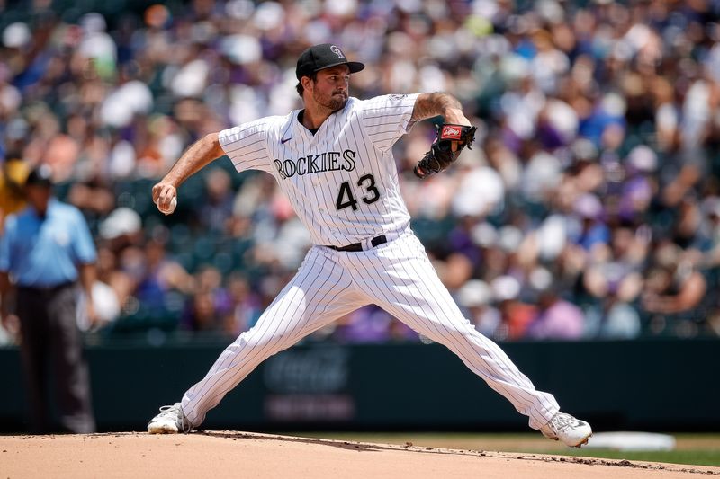 Jul 2, 2023; Denver, Colorado, USA; Colorado Rockies starting pitcher Connor Seabold (43) pitches in the first inning against the Detroit Tigers at Coors Field. Mandatory Credit: Isaiah J. Downing-USA TODAY Sports