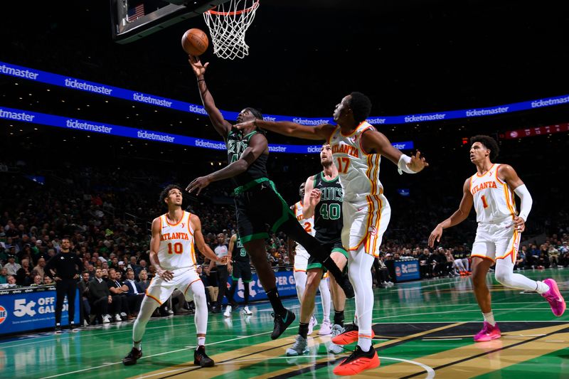 BOSTON, MA - NOVEMBER 12: Jrue Holiday #4 of the Boston Celtics drives to the basket during the game against the Atlanta Hawks during the Emirates NBA Cup game on November 12, 2024 at TD Garden in Boston, Massachusetts. NOTE TO USER: User expressly acknowledges and agrees that, by downloading and/or using this Photograph, user is consenting to the terms and conditions of the Getty Images License Agreement. Mandatory Copyright Notice: Copyright 2024 NBAE (Photo by Brian Babineau/NBAE via Getty Images)
