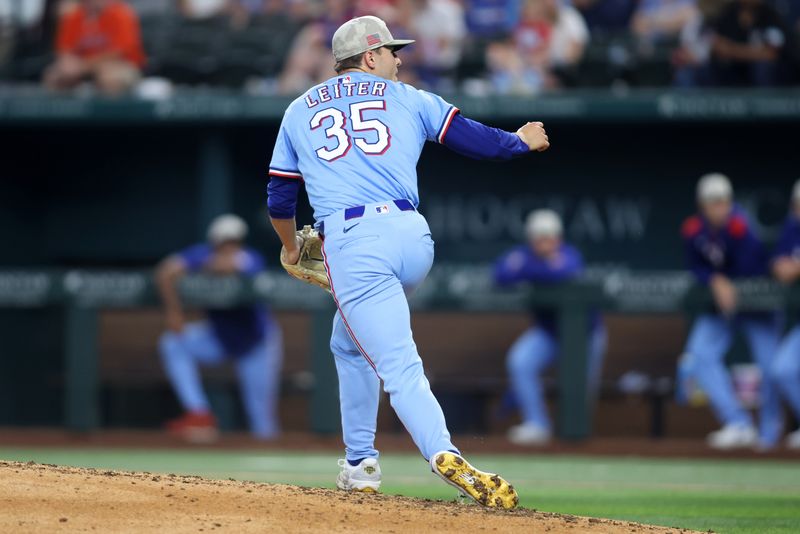 May 18, 2025; Arlington, Texas, USA;  Texas Rangers pitcher Jack Leiter (35) throws a pitch during the seventh inning against the Houston Astros at Globe Life Field. Mandatory Credit: Tim Heitman-Imagn Images