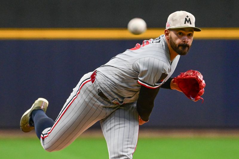 May 17, 2025; Milwaukee, Wisconsin, USA; Minnesota Twins starting pitcher Pablo Lopez (49) throws a pitch in the first inning against the Milwaukee Brewers at American Family Field. Mandatory Credit: Benny Sieu-Imagn Images